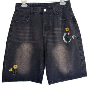 Black Wash Embroidered Denim Shorts Womens M High Rise Floral Graphics